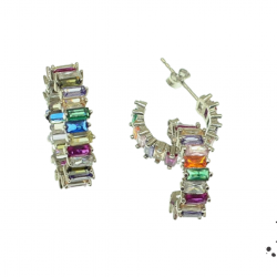 Луксозен сребърен комплект, пръстен с обици, многоцветни багетни камъни. KSB10001 NEW